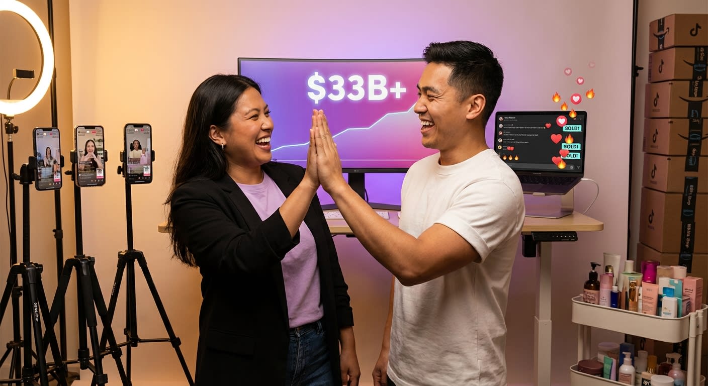 Professional TikTok Shop live commerce studio with team celebrating record GMV on analytics dashboard