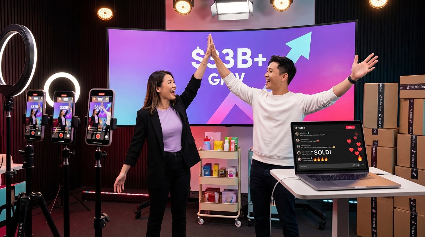 Professional TikTok Shop live commerce studio with host presenting products and screens showing rising GMV sales data