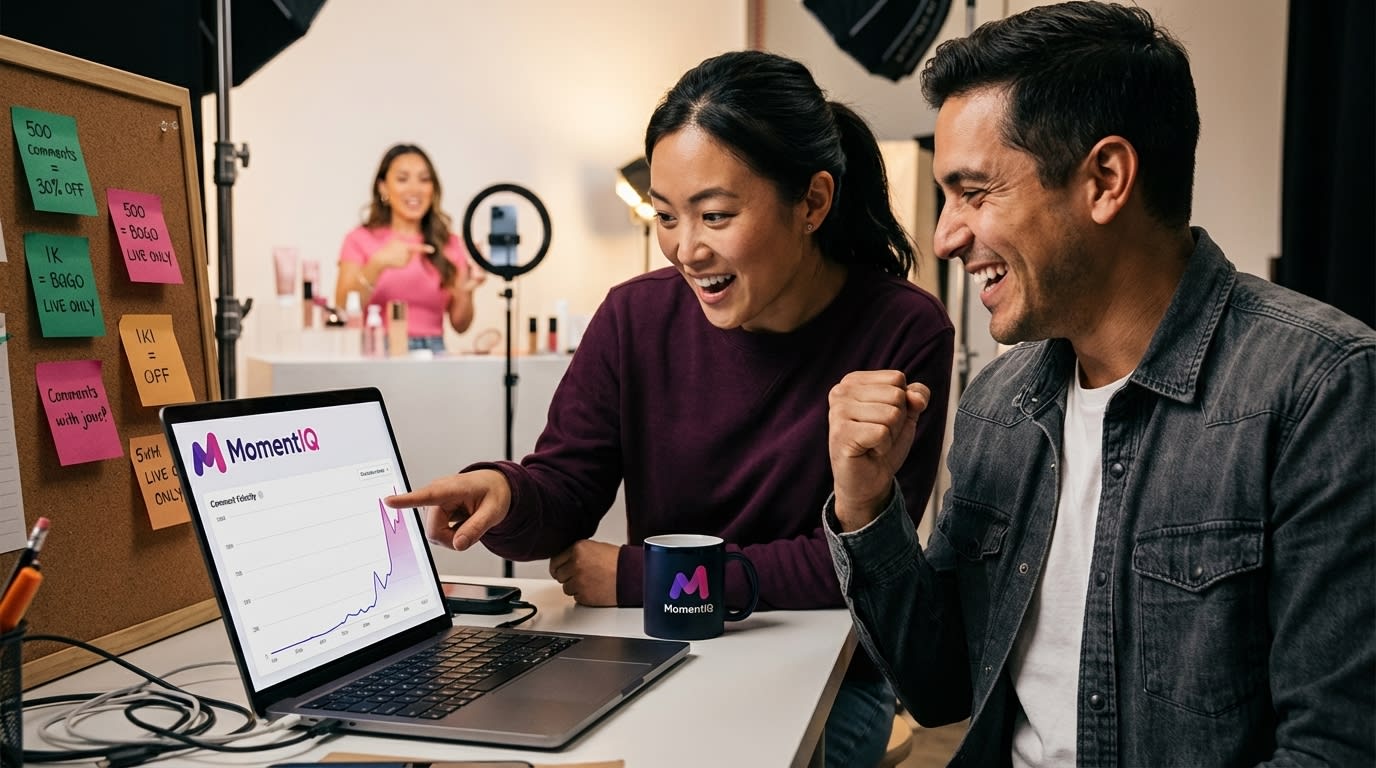 Behind-the-scenes TikTok Shop live stream team preparing a surprise product drop with enthusiasm