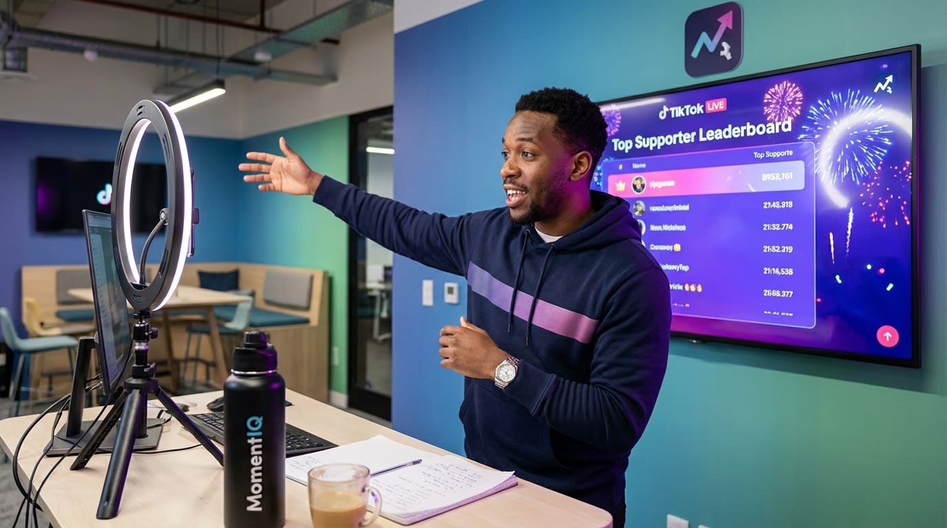 Charismatic TikTok Shop creator proudly highlighting a 'Leaderboard Recognition' on their live stream.