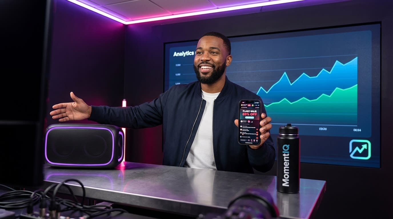 Confident TikTok Shop live host engaging a large audience in a professional studio setting.