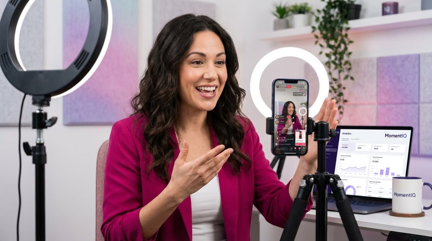 Energetic TikTok Shop creator hosting a lively live stream with a game show and community event feel.