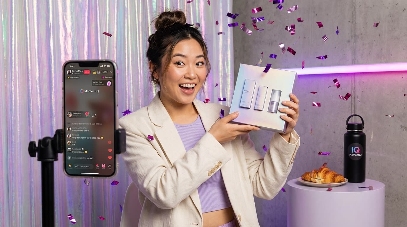 Excited TikTok Shop live seller revealing mystery drop product as viewer count hits milestone with chat flooding with emojis