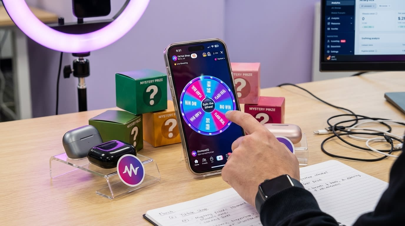 Flat lay of a phone showing a 'Spin the Wheel' gamification feature on a TikTok Shop live stream.