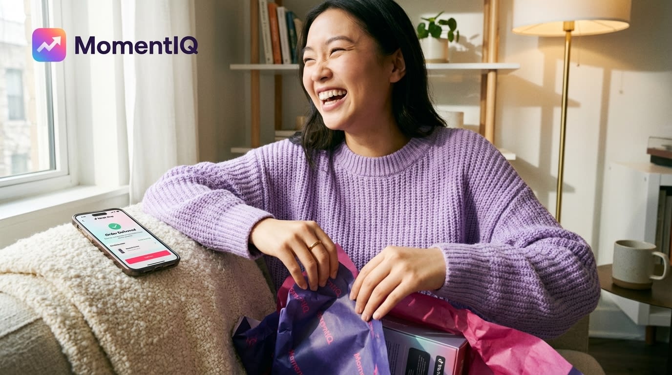 Happy Gen Z consumer excitedly unboxing a trendy product purchased from TikTok Shop.