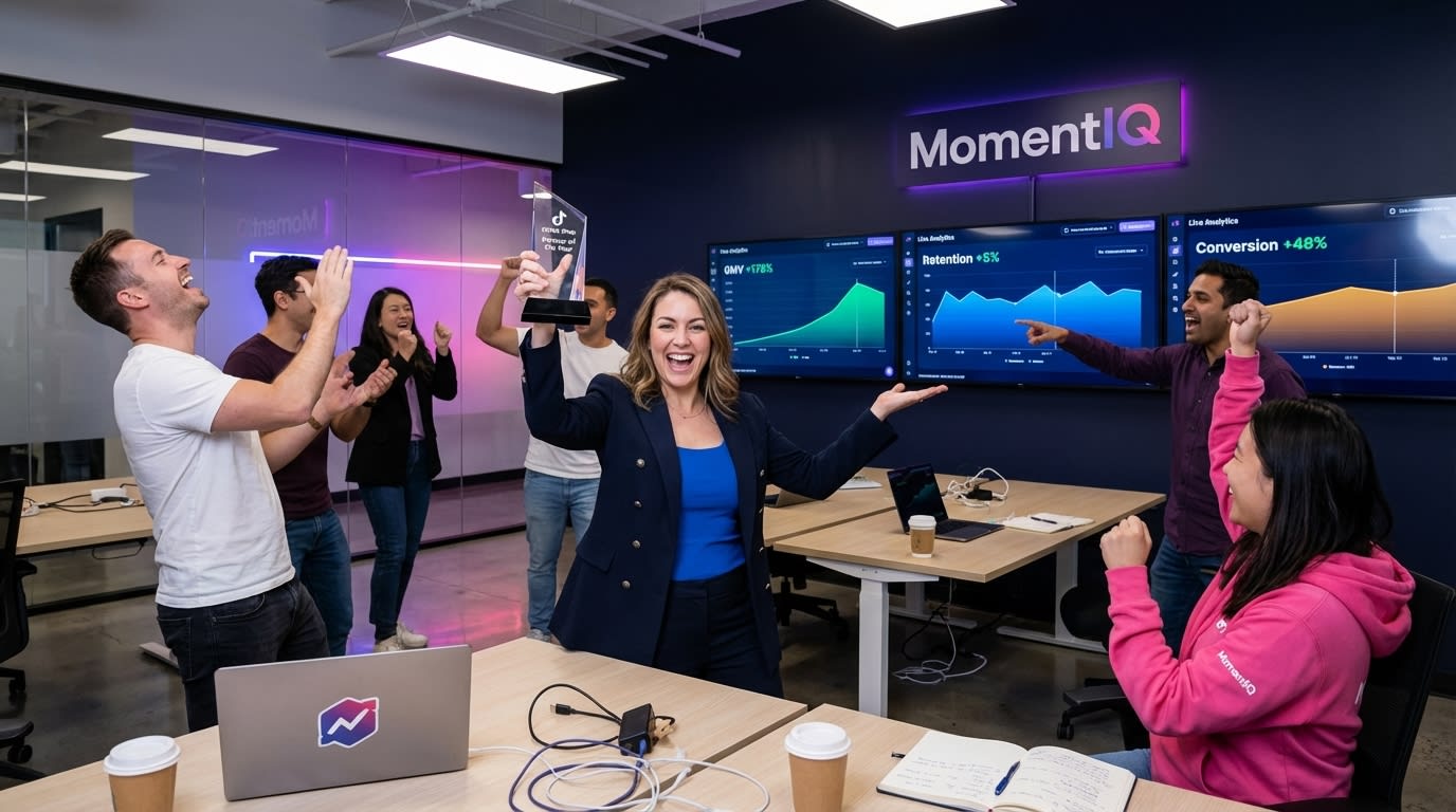 MomentIQ team celebrating their 'TikTok Shop Partner of the Year' award in a modern office.