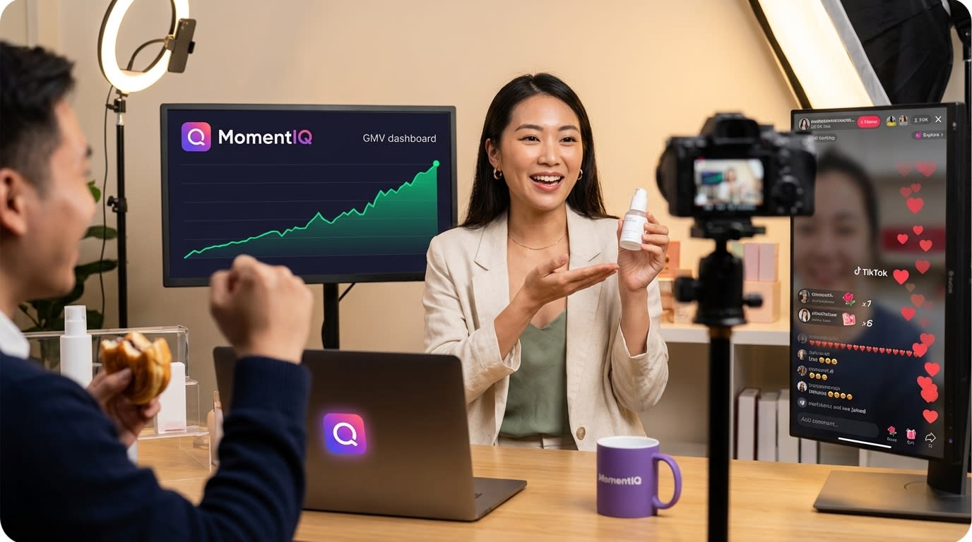 Professional TikTok Shop live selling studio with host presenting products and GMV growth dashboard showing rising revenue