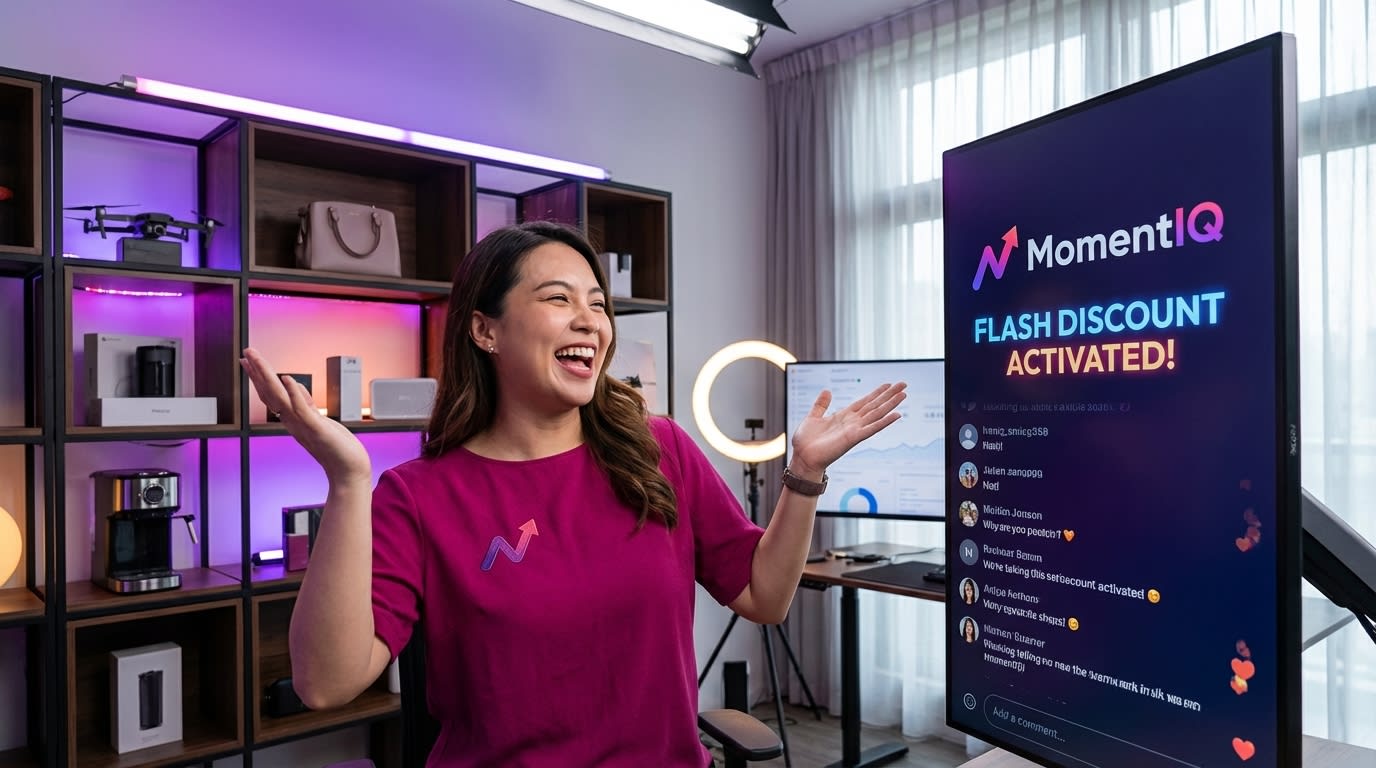 TikTok Shop live host celebrating a 'Comment-Triggered Flash Discount' activated by viewer engagement.