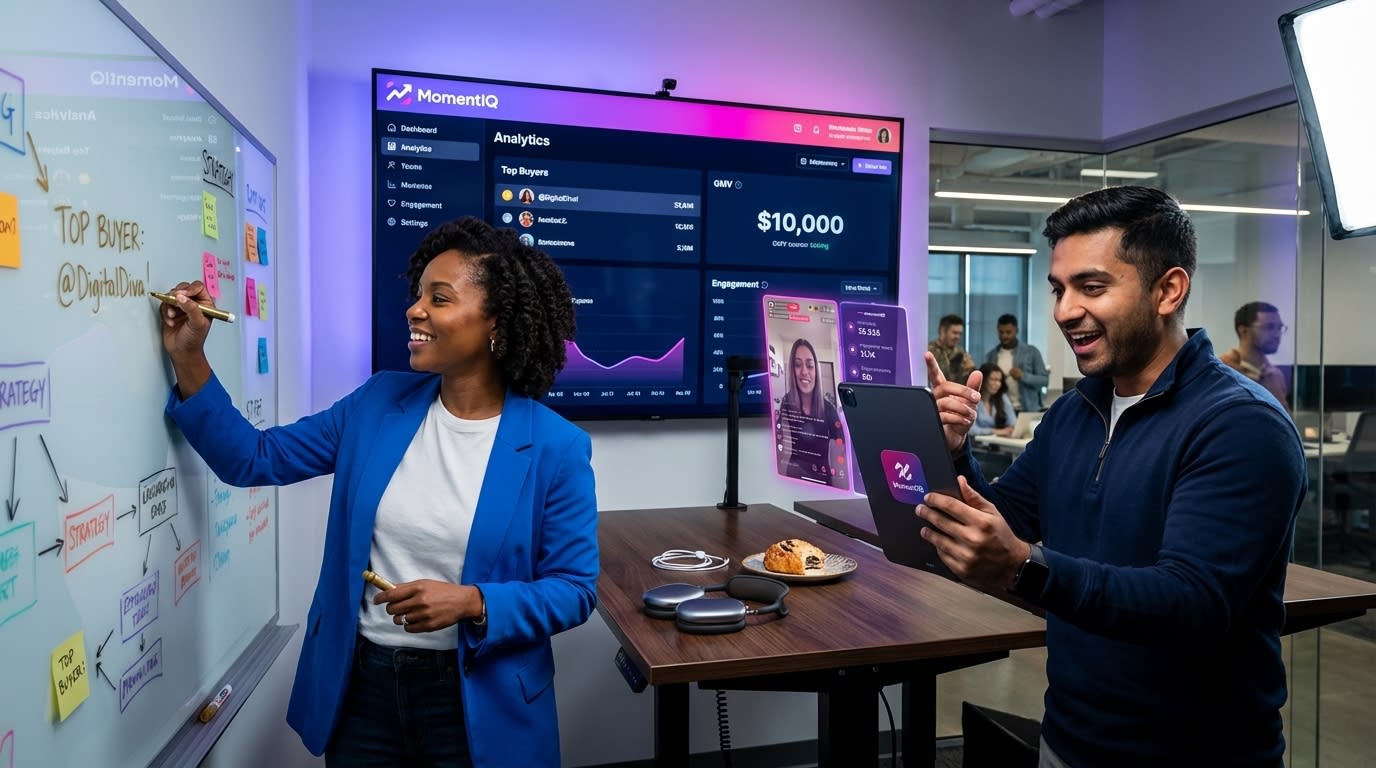 TikTok Shop team war room with analytics dashboard showing top buyers leaderboard and live GMV growth metrics
