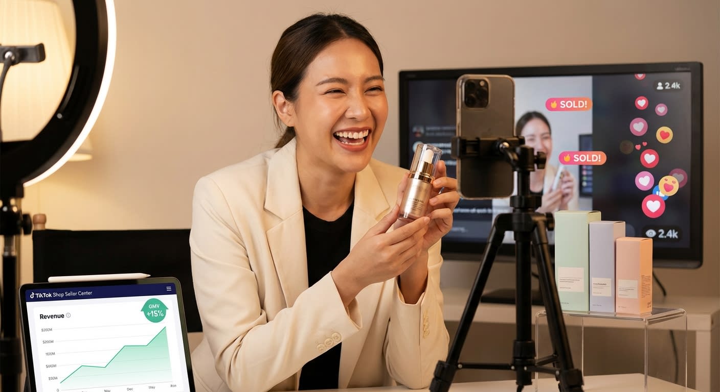 Confident TikTok Shop live host presenting products on camera with sales notifications and heart emojis flooding the live stream chat