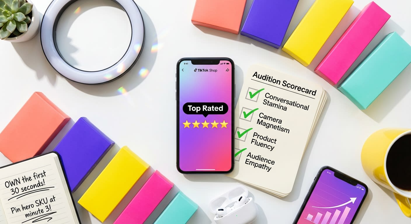 Flat lay of TikTok Shop live host training essentials including scorecard, product samples, phone with TikTok Shop interface, and coaching notes