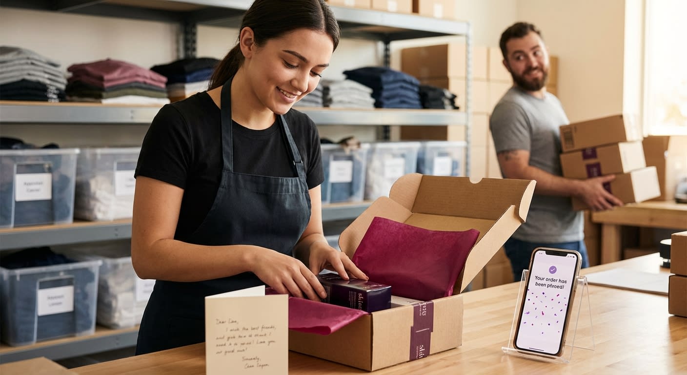 Joyful TikTok Shop fulfillment team packing branded orders in an organized warehouse with colorful inventory ready to ship