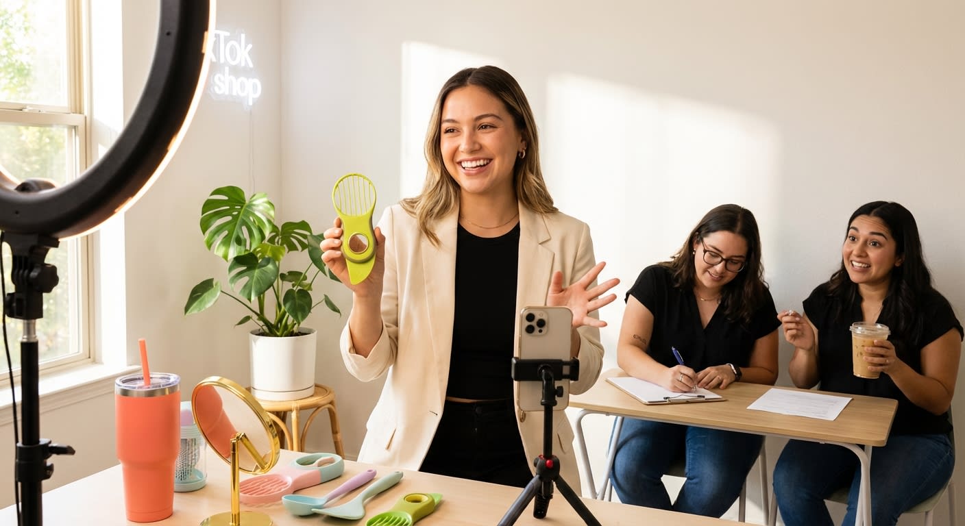 TikTok Shop live host audition with a confident candidate pitching products on camera in a professional creator studio setup