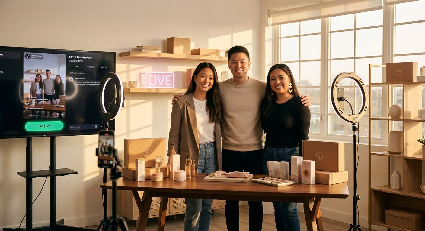 World-class TikTok Shop live selling team confidently posed in a professional studio setup ready to go live with products and branded displays