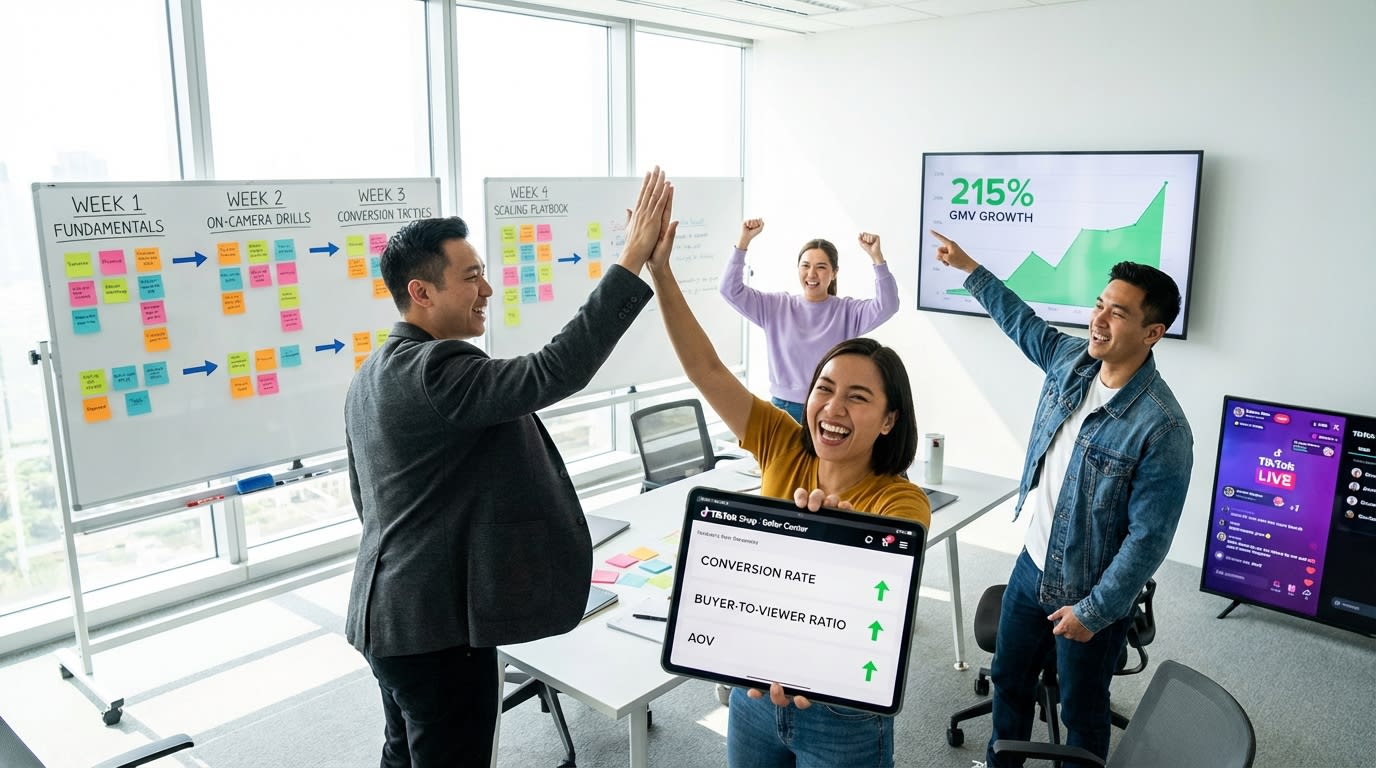 TikTok Shop brand team celebrating impressive live commerce growth metrics on a large analytics dashboard in a strategy war room