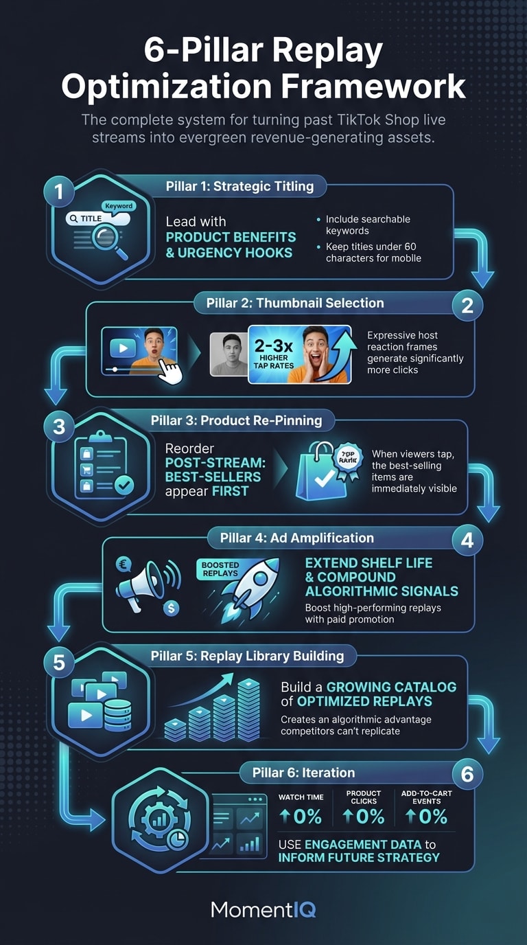 Process flow infographic showing 6 pillars of TikTok Shop live replay optimization: strategic titling, thumbnail selection, product re-pinning, ad amplification, replay library building, and performance analysis