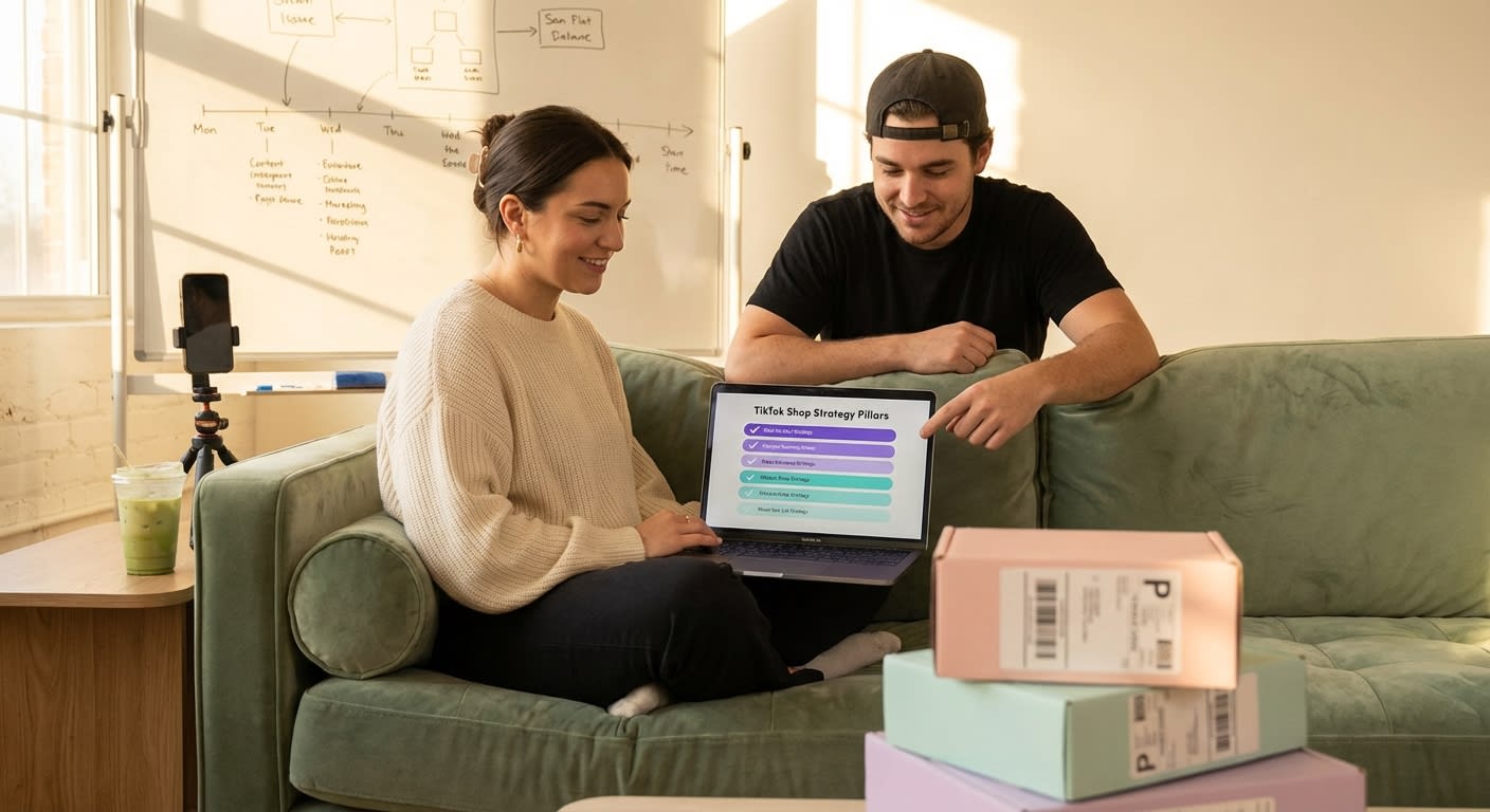 Behind-the-scenes candid of TikTok Shop strategists excitedly reviewing live replay optimization framework together