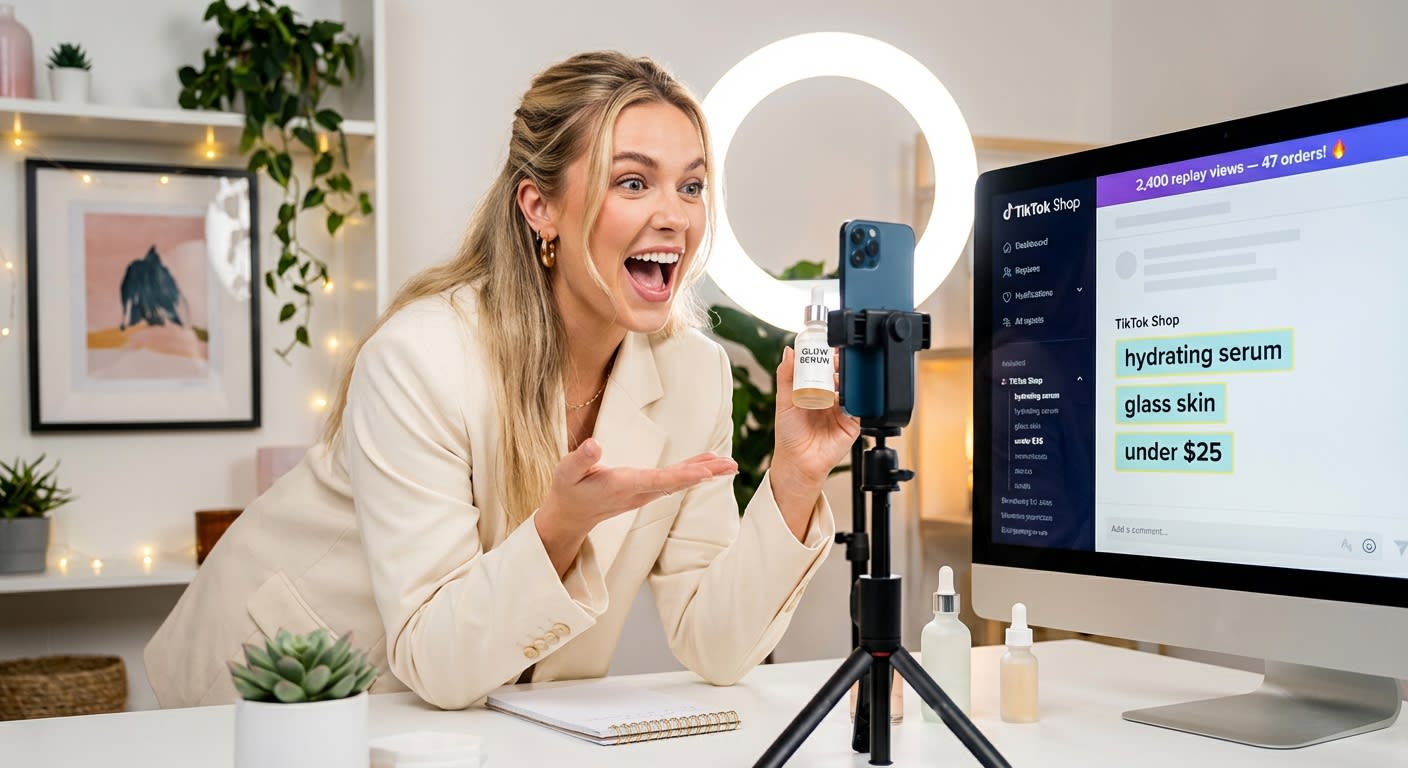 Energetic TikTok Shop creator presenting product during live stream with replay title optimization and sales notifications visible