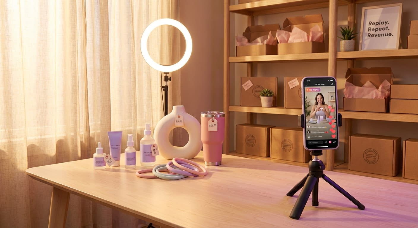 Professional TikTok Shop creator studio setup with ring light, trending products, and phone showing successful live replay with engagement