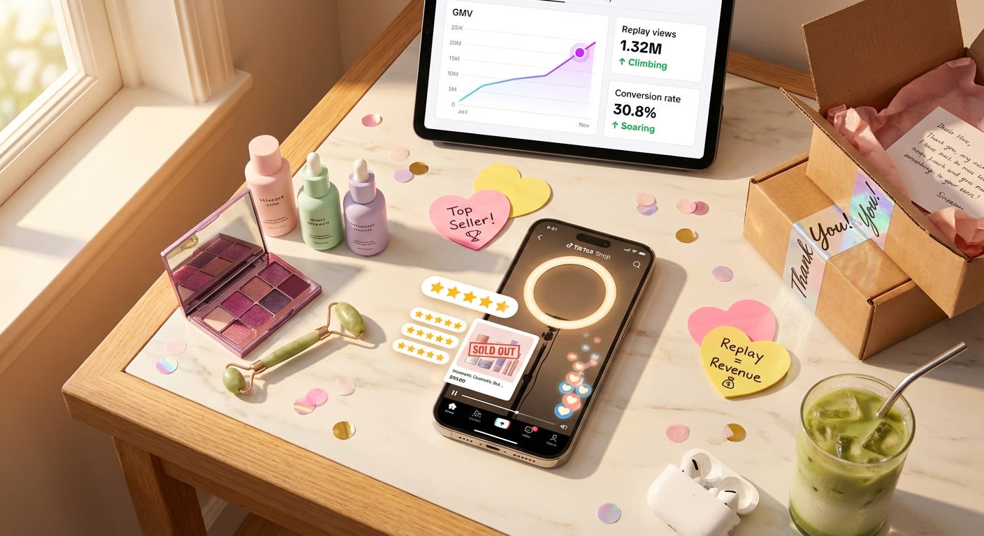 Flat lay of TikTok Shop live replay on phone screen surrounded by trending products and sales dashboard showing revenue growth