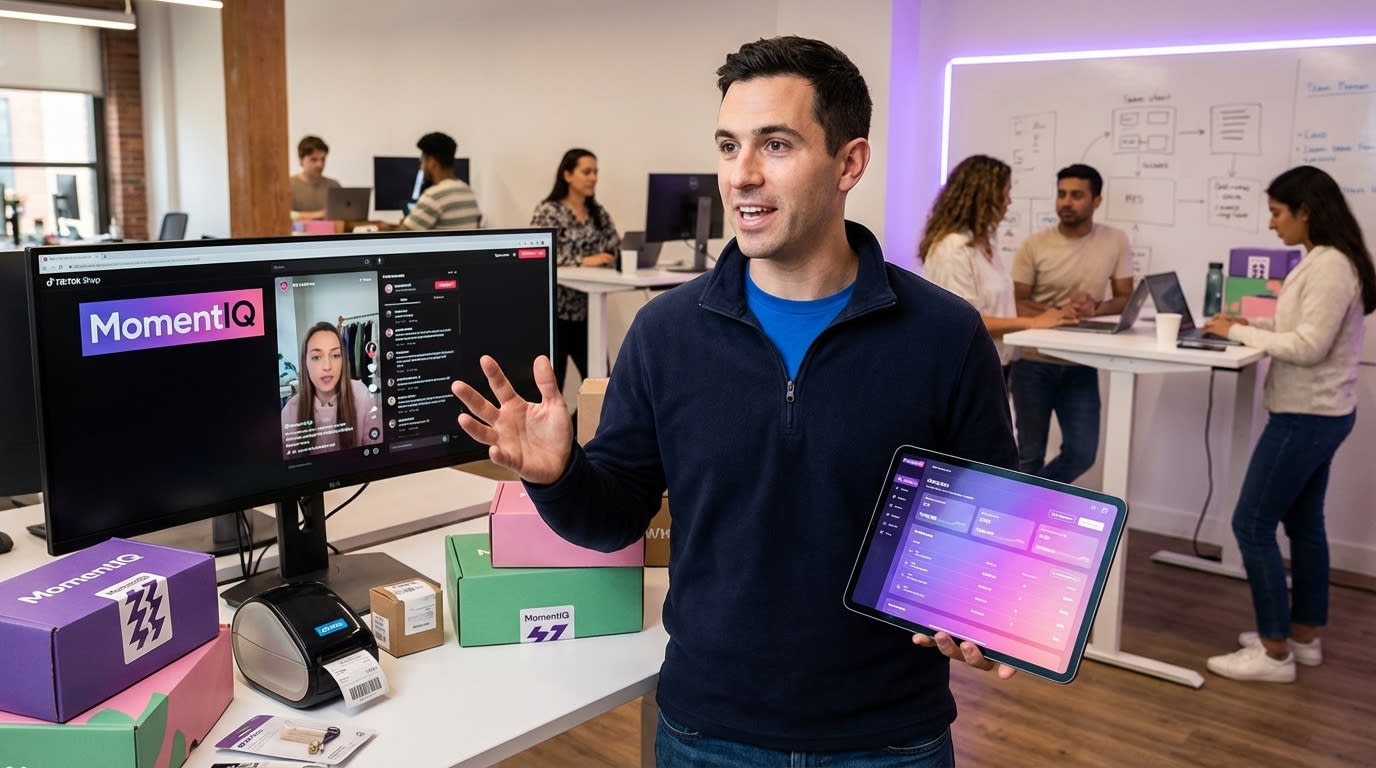 Cheerful entrepreneur surrounded by branded shipping boxes, celebrating new TikTok Shop orders on her phone.