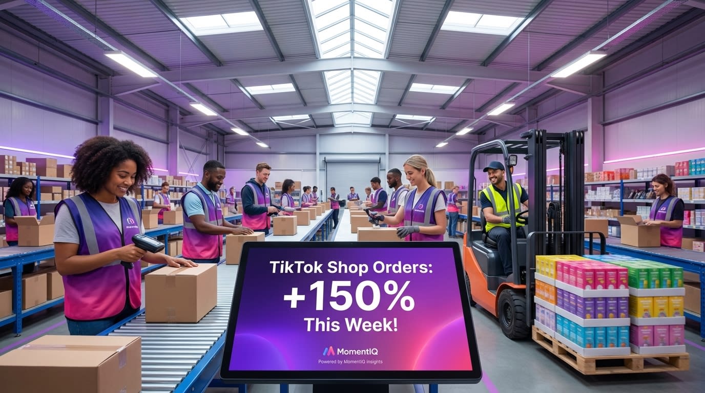 Cinematic shot of a bustling fulfillment center with a screen showing +150% TikTok Shop orders, signifying massive growth.