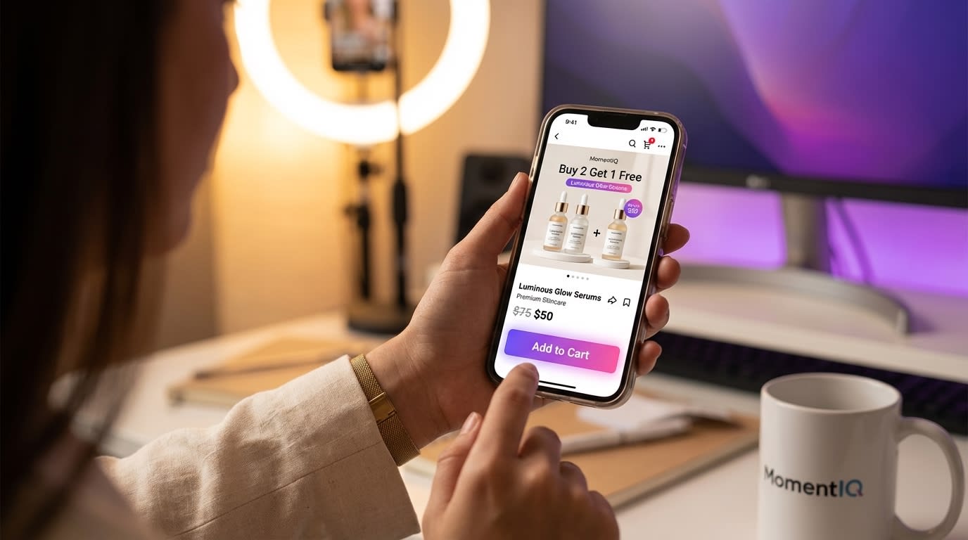 Close-up of a phone showing a TikTok Shop product bundle with a 'Buy 2 Get 1 Free' offer, signifying successful pricing strategy.