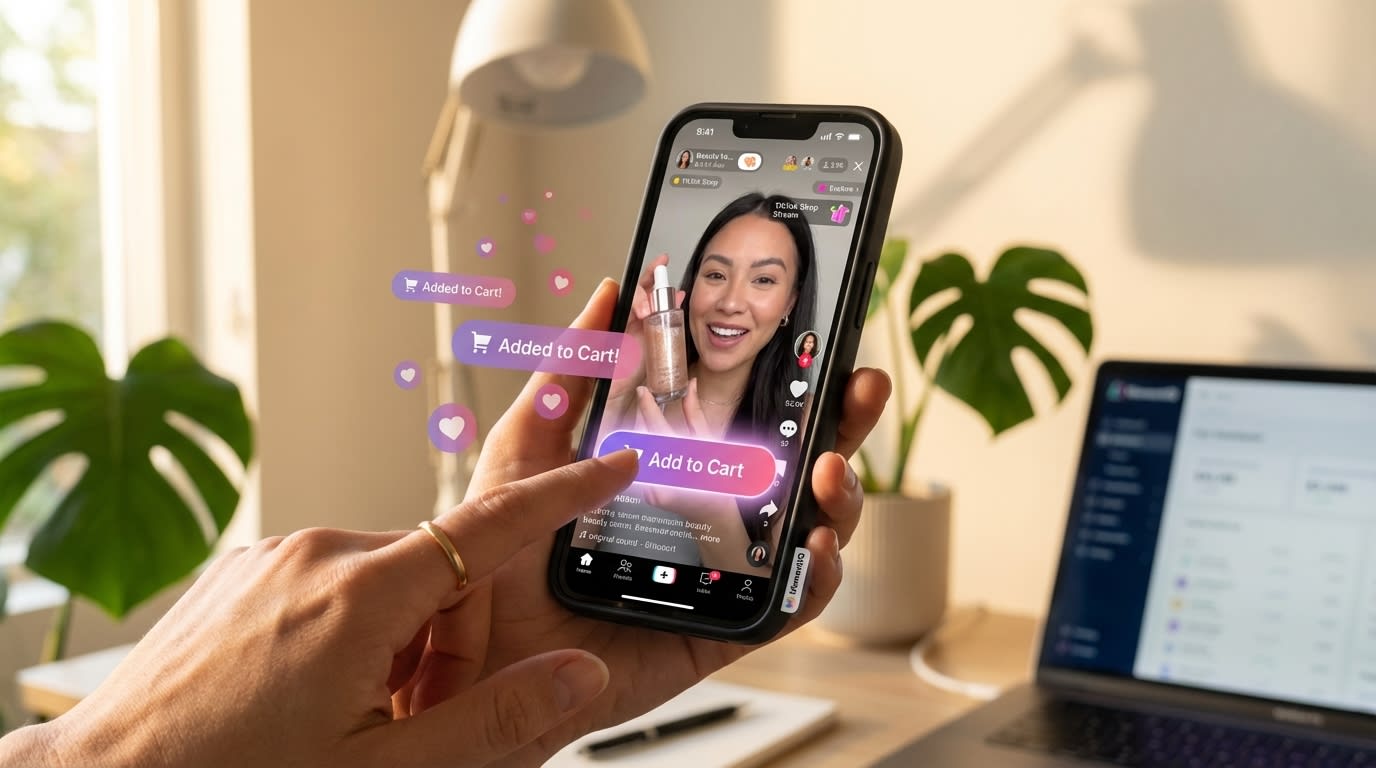 Dynamic shot of a hand tapping a TikTok Shop product pin during a live stream, surrounded by 'Added to Cart' notifications.