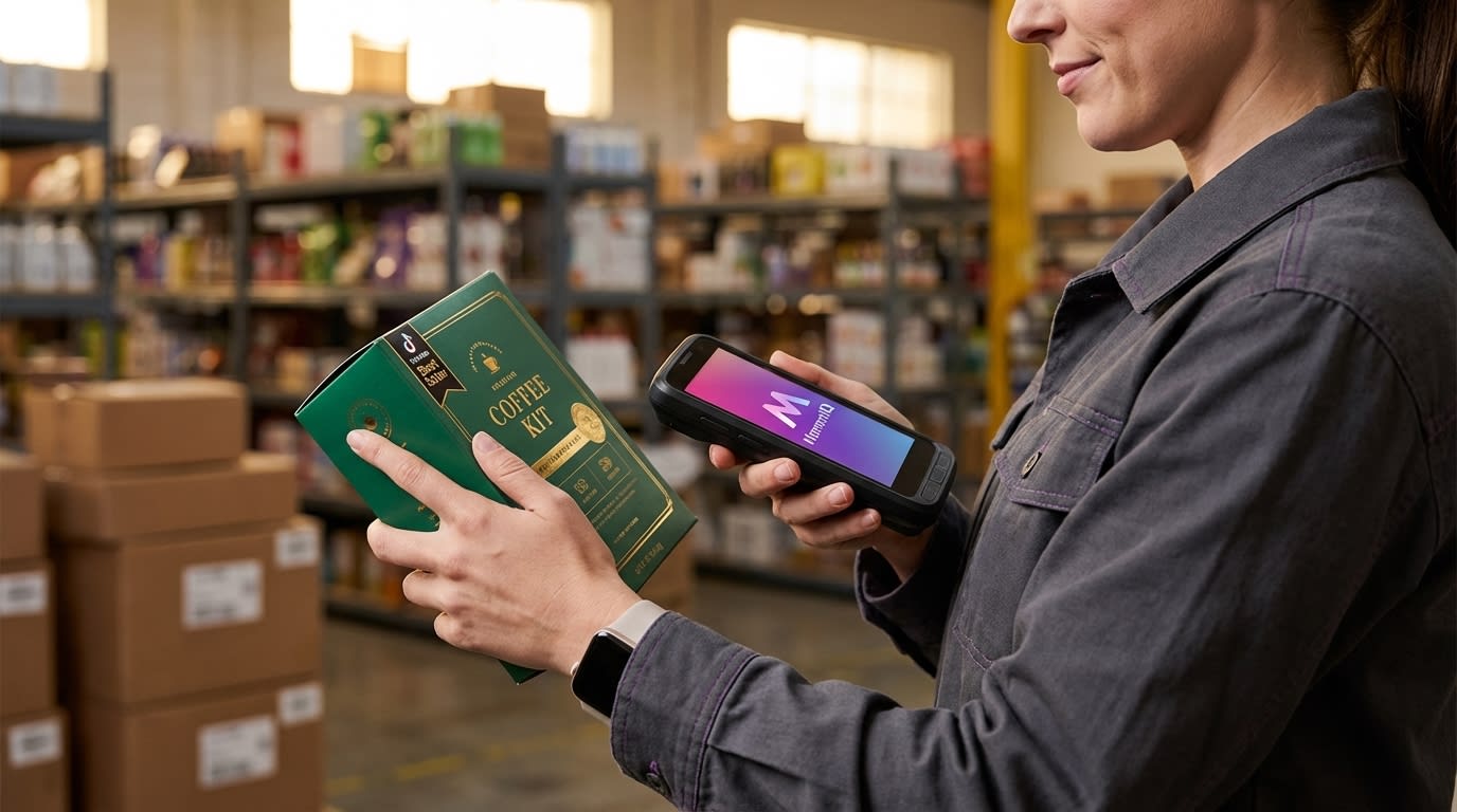 Dynamic shot of a warehouse worker efficiently scanning a product barcode for a TikTok Shop order in a brightly lit, organized warehouse.