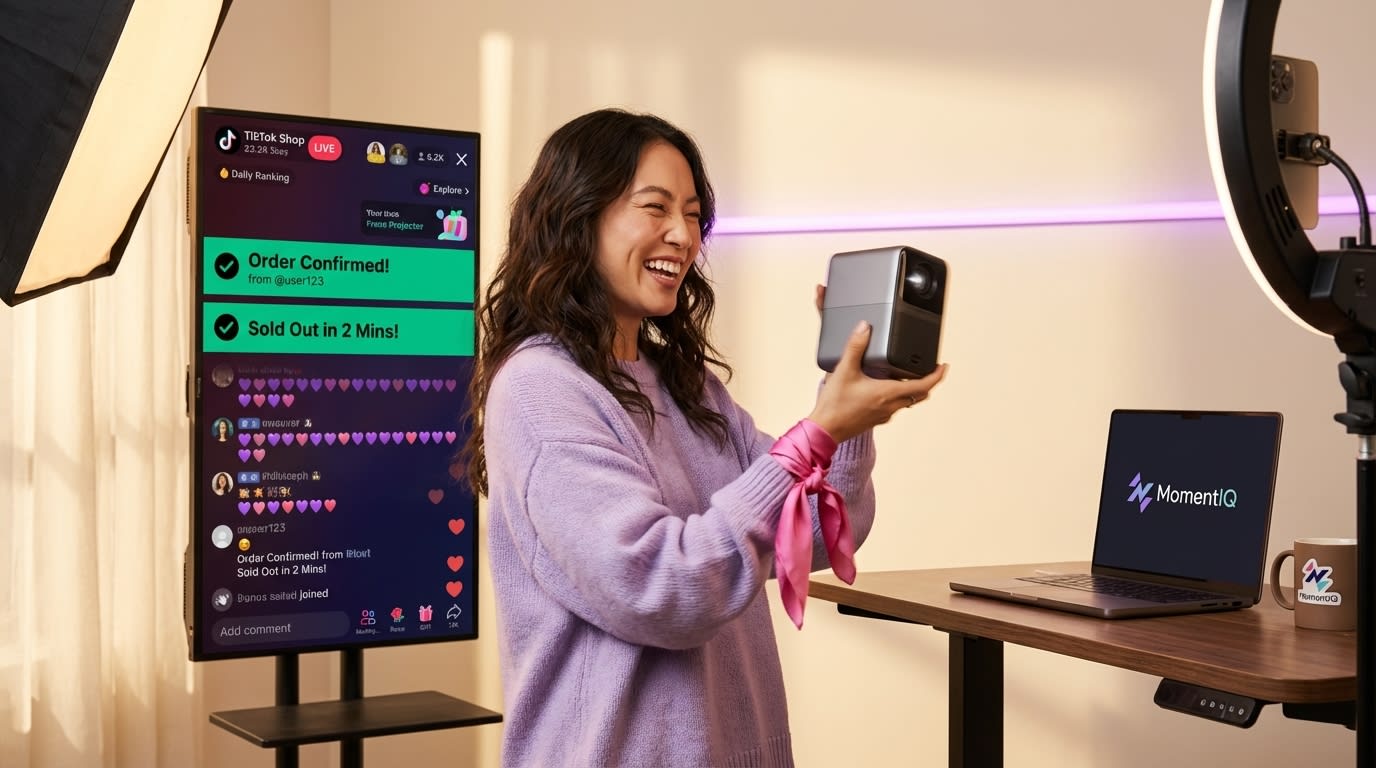 Dynamic shot of an energetic TikTok Shop live host captivating viewers and driving continuous sales with a genuine smile.