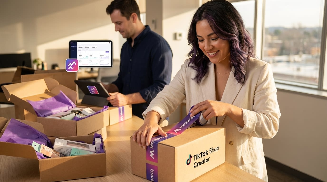 Energetic team preparing TikTok Shop creator seeding packages in a bright, collaborative workspace.