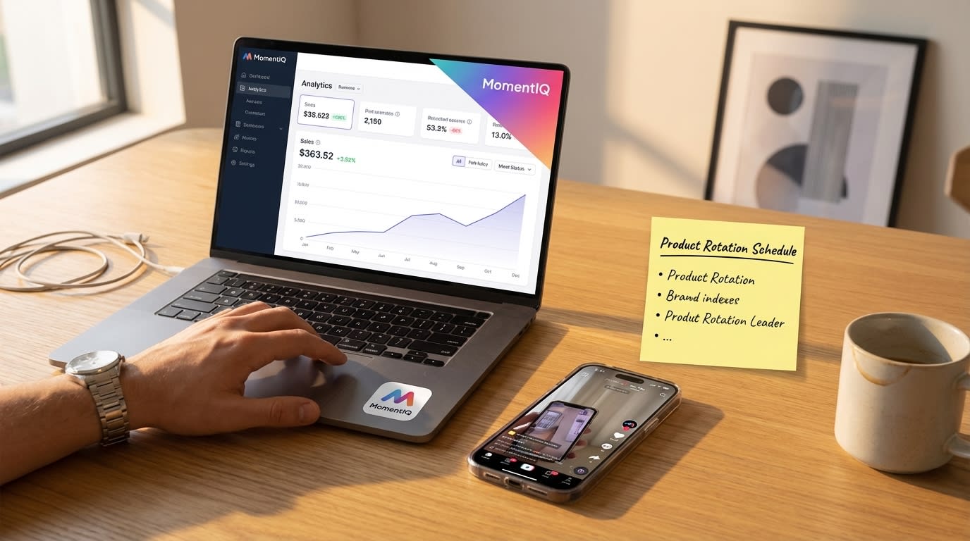 Flat lay of a desk showing TikTok Shop analytics with consistent revenue and a product rotation schedule.