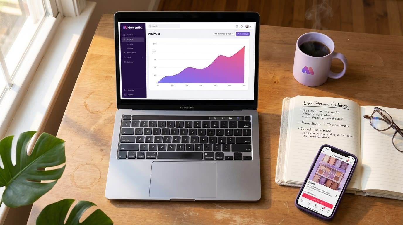 Flat lay of a TikTok Shop strategy kit with a MomentIQ growth audit report, planner, and phone showing product listing.