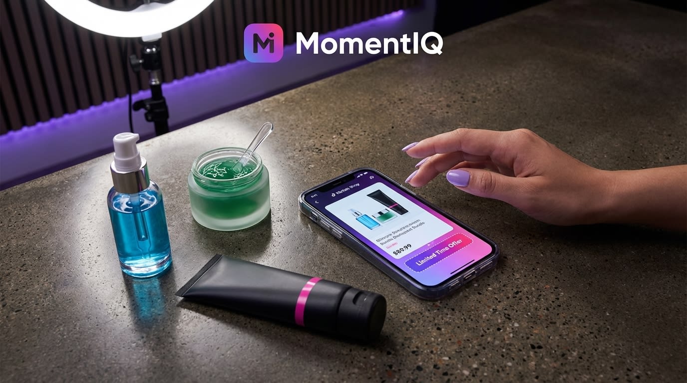 Flat lay of a premium skincare bundle with a phone showing its TikTok Shop listing, highlighting successful price anchoring and high AOV.