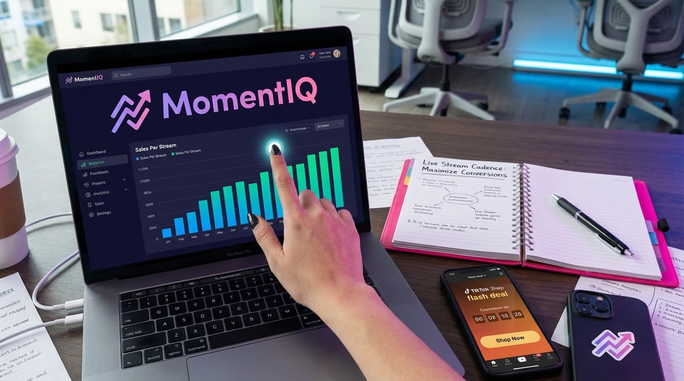 Flat lay of a TikTok Shop strategy kit with a MomentIQ growth audit report, planner, and phone showing product listing.