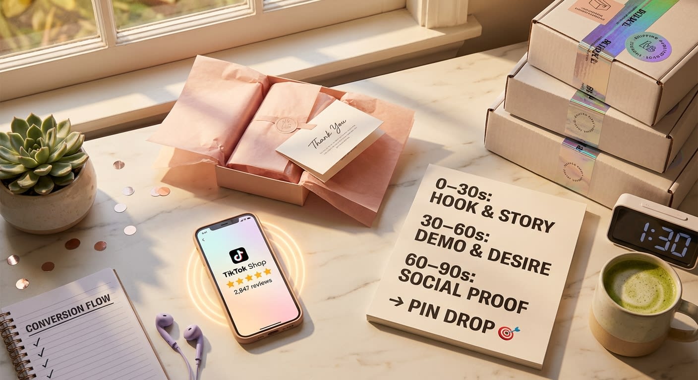 Flat lay of TikTok Shop live stream preparation including product listing on phone, timing strategy card, and branded packaging