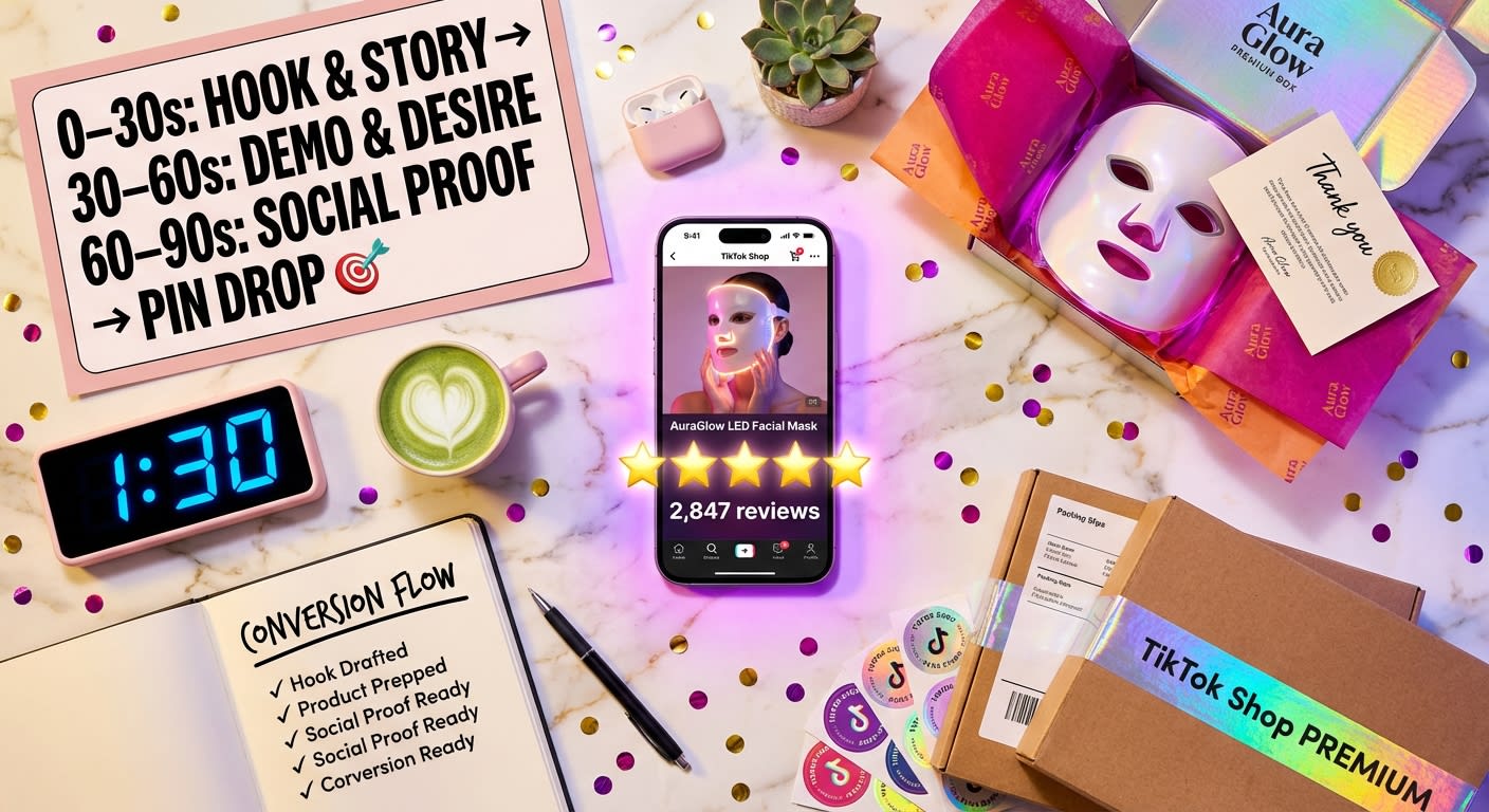 Flat lay of TikTok Shop live stream preparation including product listing on phone, timing strategy card, and branded packaging