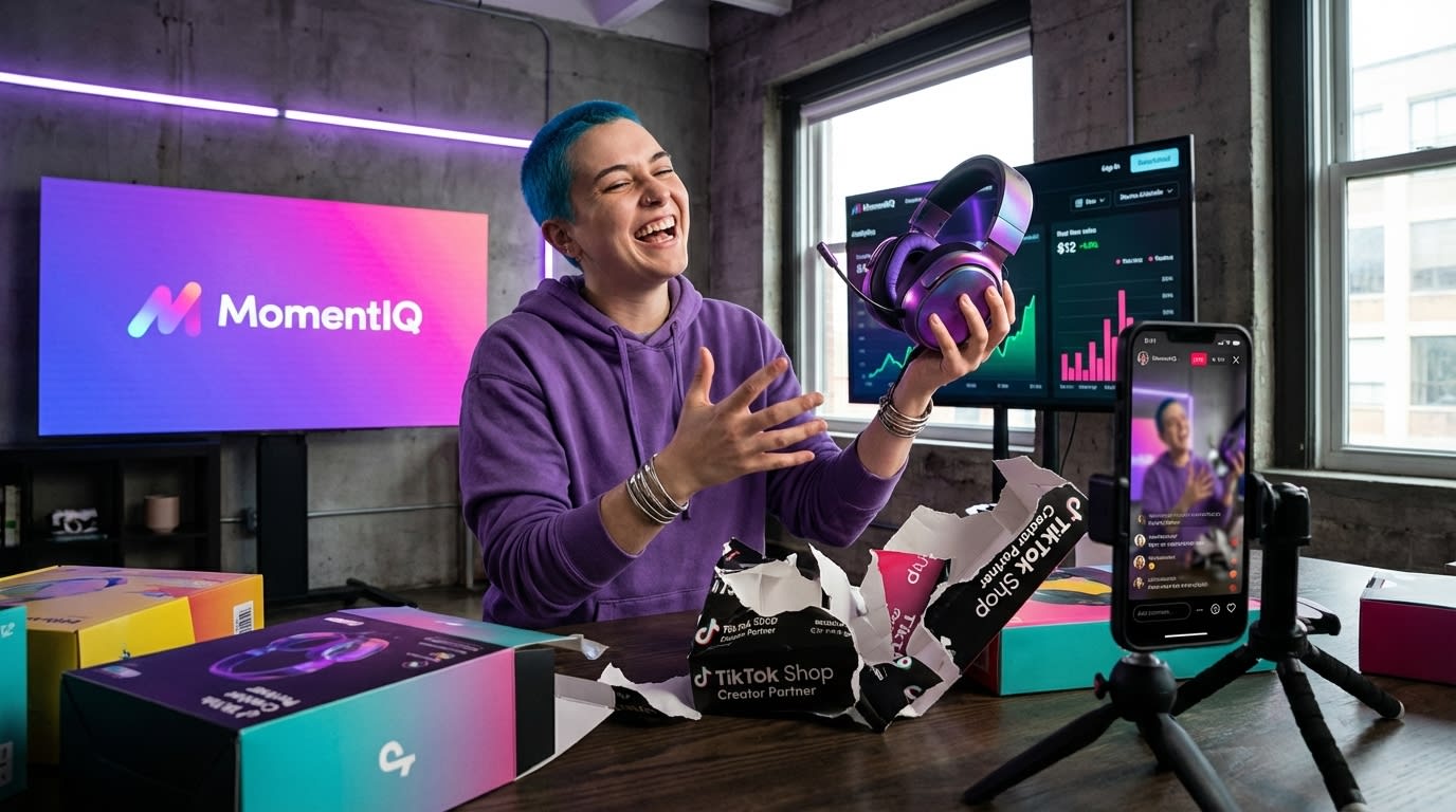Joyful creator unboxing a TikTok Shop product seeding package in a bright, organized studio setup.