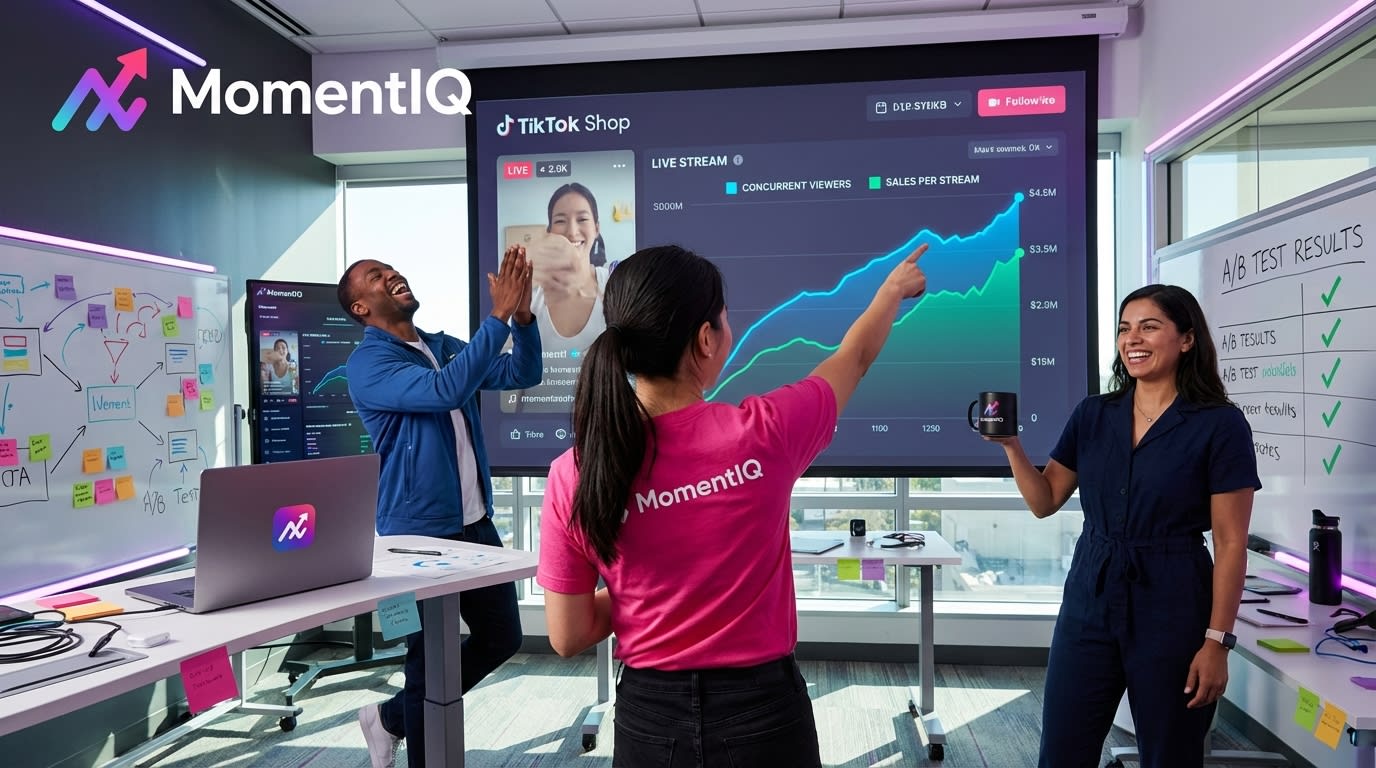 Team celebrating sustained high concurrent viewers and sales on a TikTok Shop live stream in a war room.