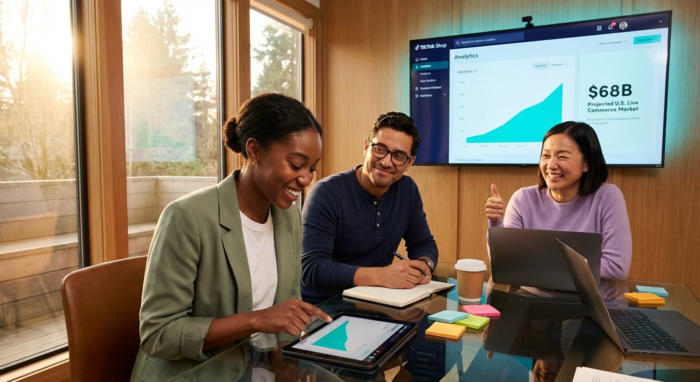 Team reviewing TikTok Shop live commerce growth analytics dashboard showing rising GMV trends and market opportunity