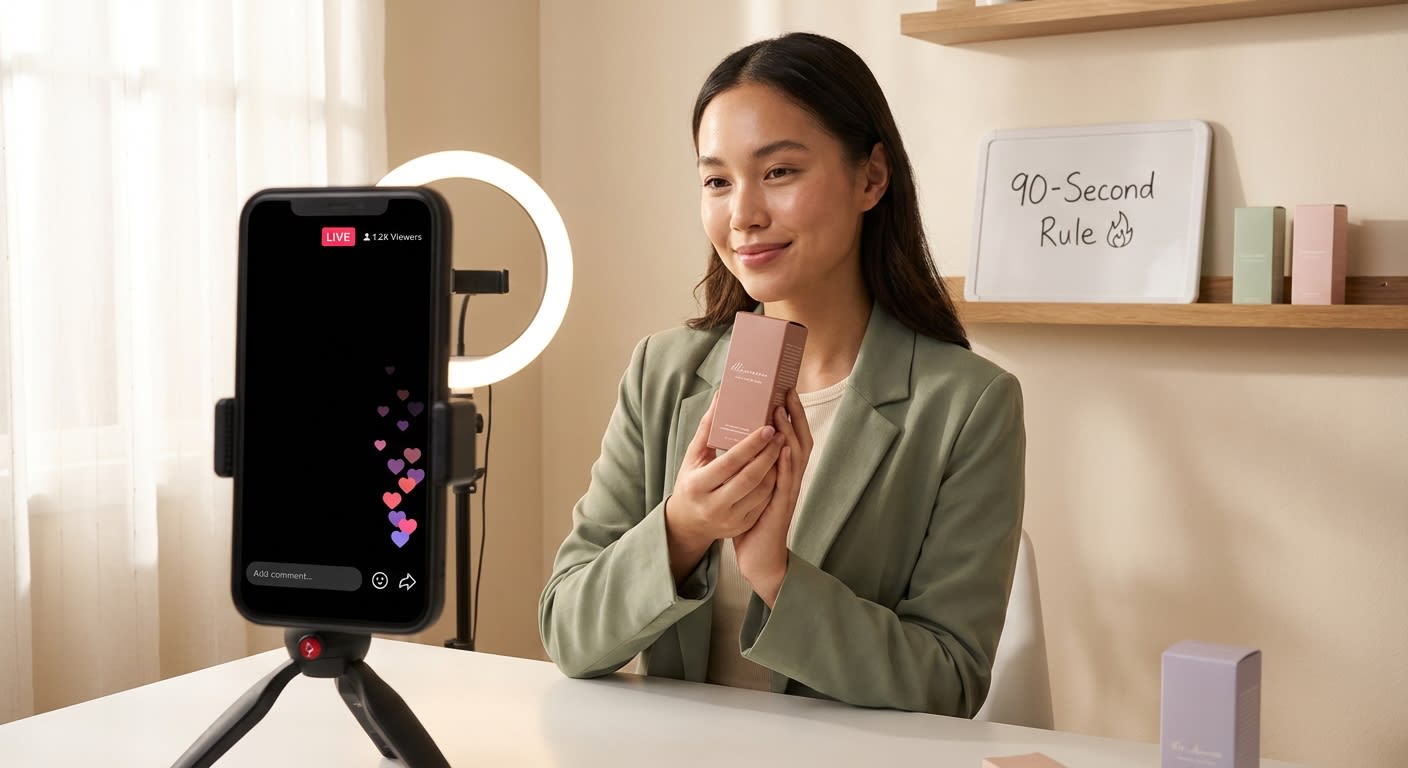 TikTok Shop creator confidently demonstrating a product during a live stream with ring light and rising viewer engagement