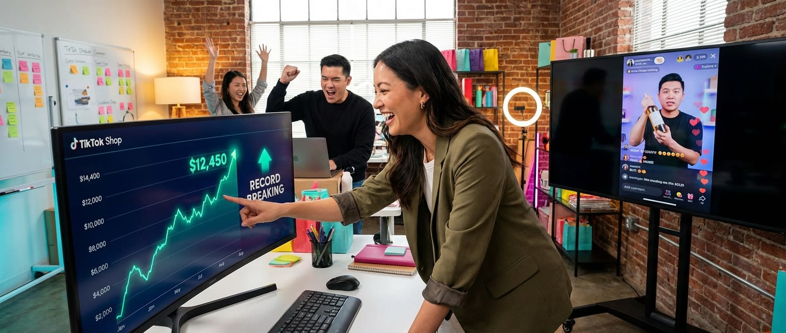 TikTok Shop live stream team celebrating rising sales dashboard in a professional live commerce command center