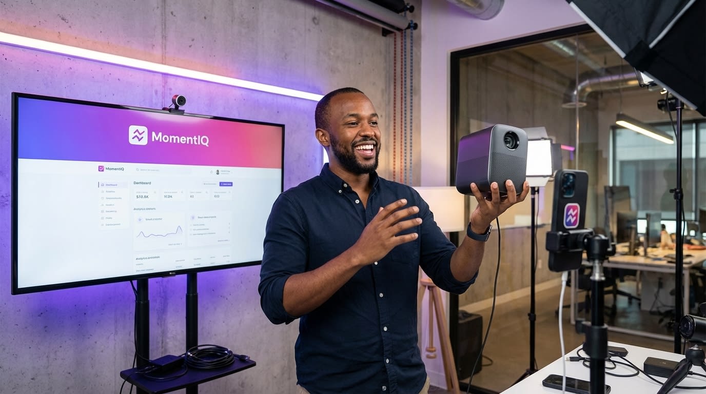 Vibrant creator posing with a beautifully packaged product for a TikTok Shop video in a professional studio.