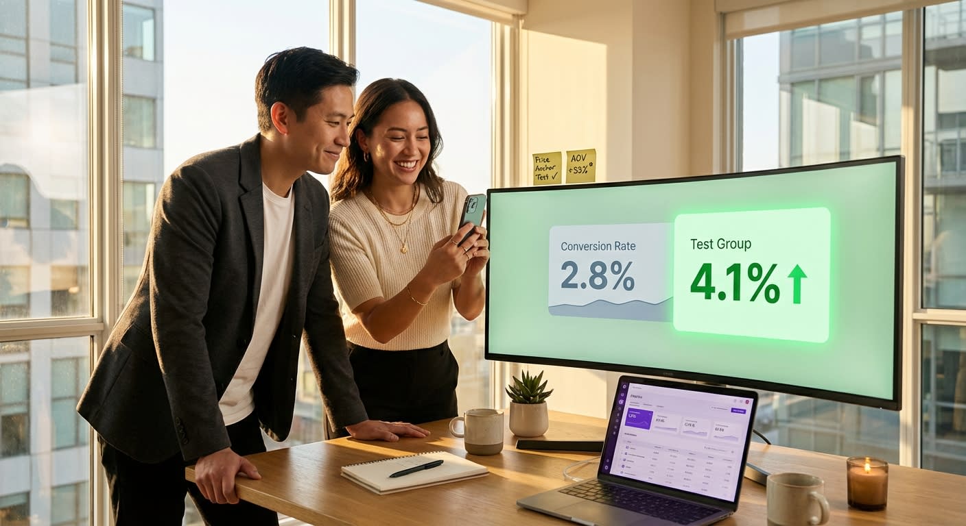 TikTok Shop strategists reviewing successful A/B test conversion data showing improved live stream sales results