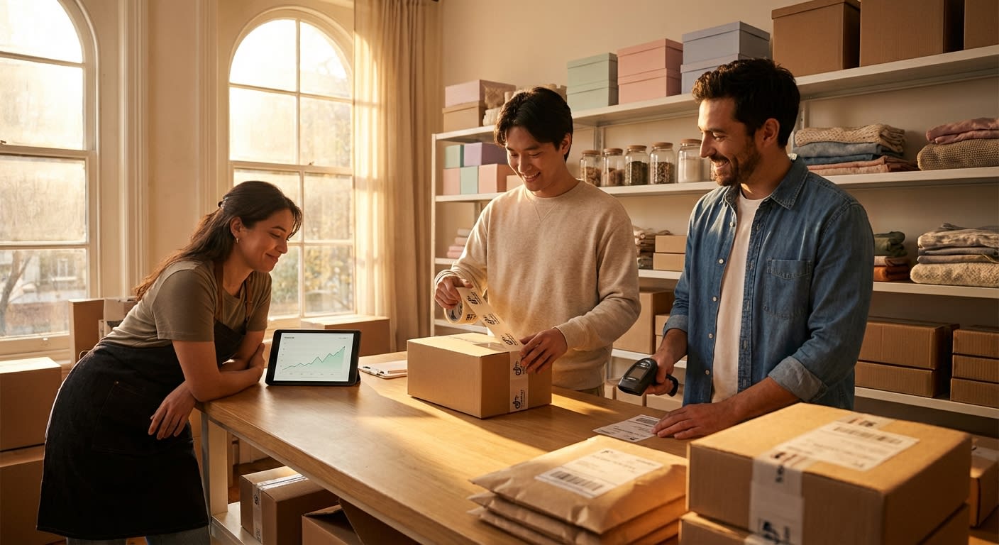 Diverse team celebrating a successful TikTok Sh
![Aspirational TikTok Shop warehouse fulfillment scene with team packing branded orders and growth metrics on tablet