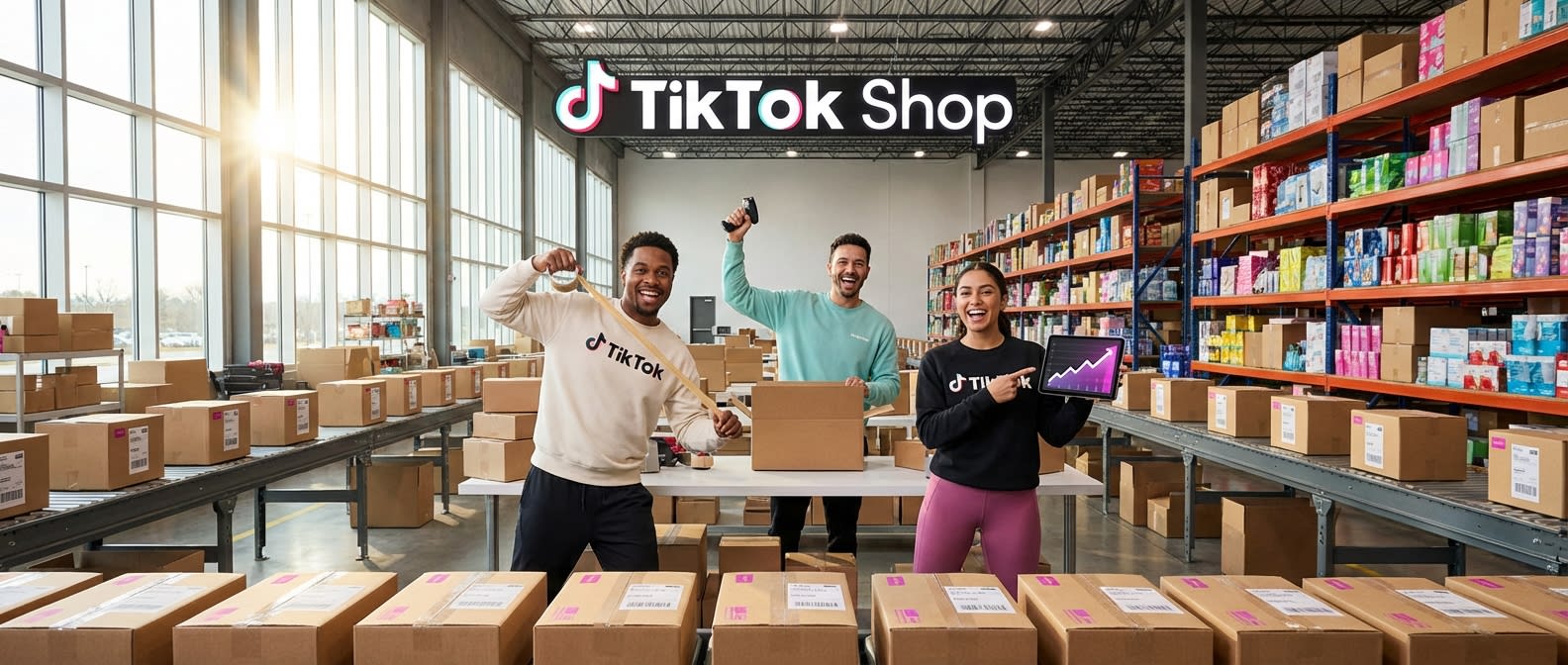 Aspirational TikTok Shop warehouse fulfillment scene with team packing branded orders and growth metrics on tablet