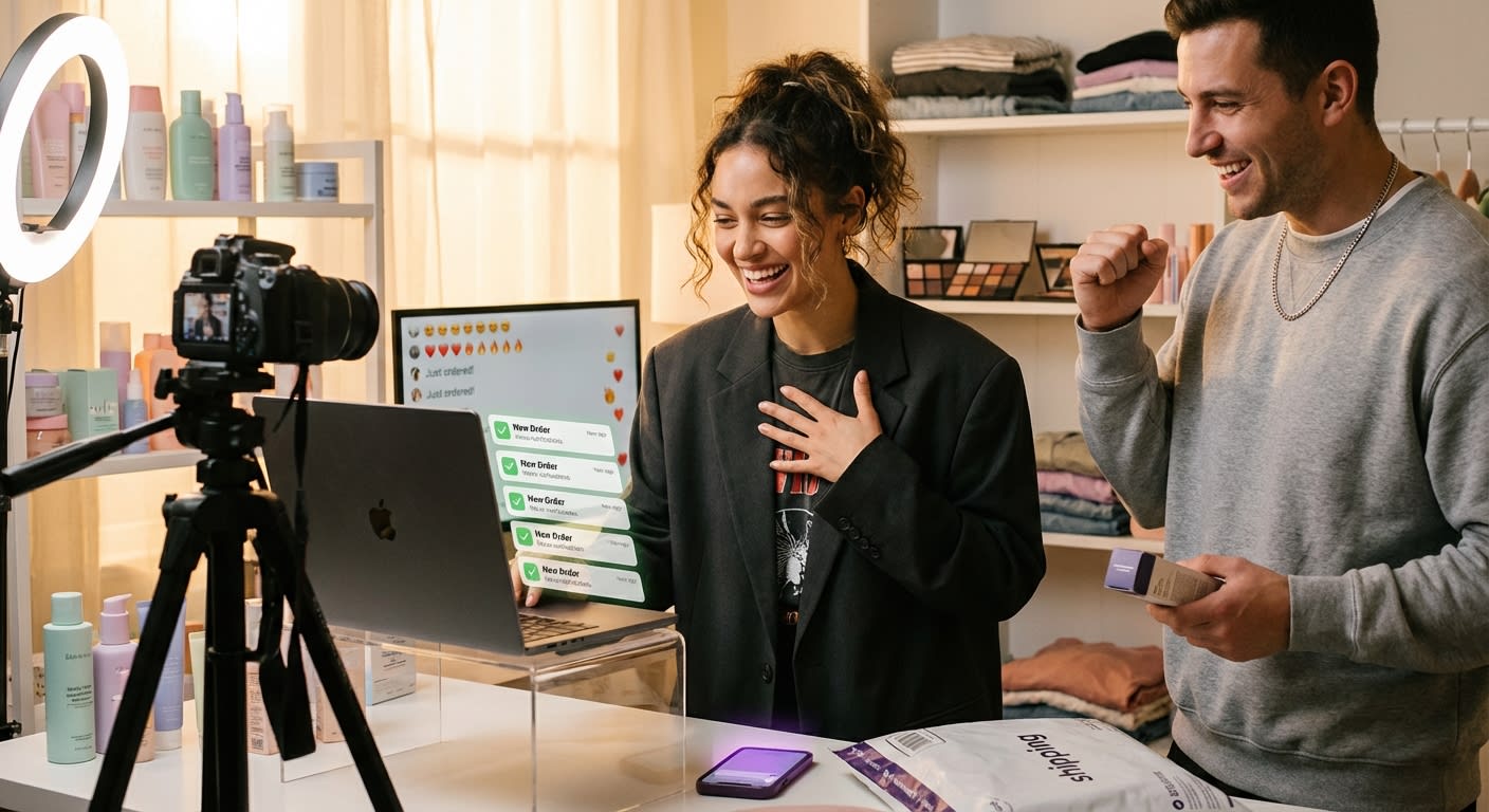 Behind-the-scenes candid moment of TikTok Shop live sellers celebrating real-time order notifications and chat engagement