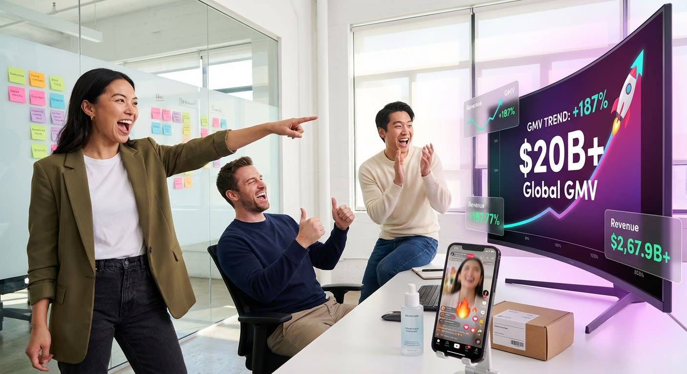 Brand team celebrating TikTok Shop growth metrics on analytics dashboard showing rising GMV and product shopping ad performance