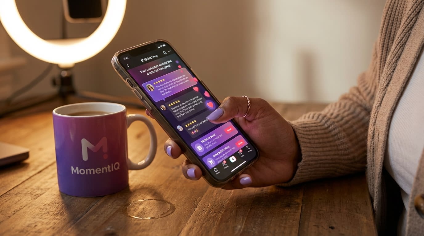 Candid shot of a TikTok Shop creator scrolling through glowing customer testimonials and heart emojis on a smartphone.