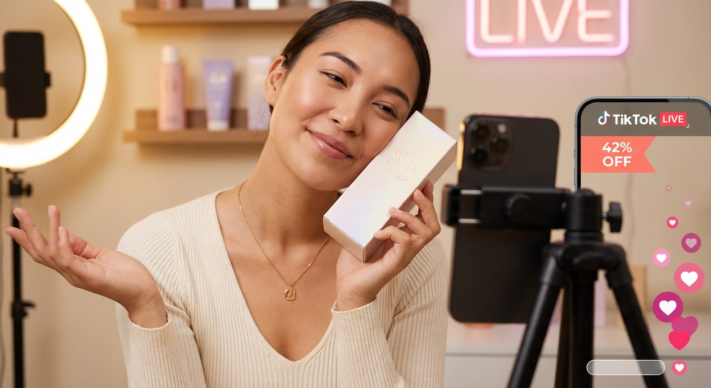 Confident TikTok Shop live seller presenting skincare product to camera with heart reactions and sale price overlay on screen